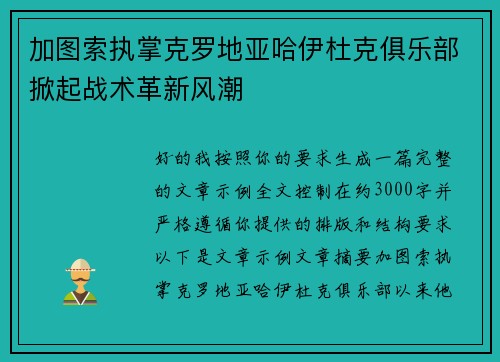 加图索执掌克罗地亚哈伊杜克俱乐部掀起战术革新风潮 加图索执掌克罗地亚哈伊杜克俱乐部掀起战术革新风潮