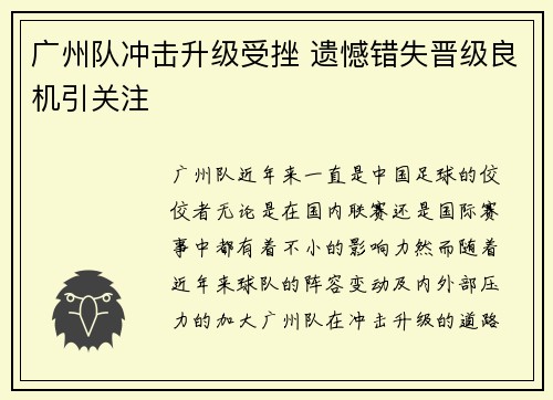 广州队冲击升级受挫 遗憾错失晋级良机引关注 广州队冲击升级受挫 遗憾错失晋级良机引关注