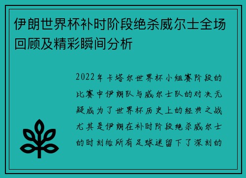 伊朗世界杯补时阶段绝杀威尔士全场回顾及精彩瞬间分析